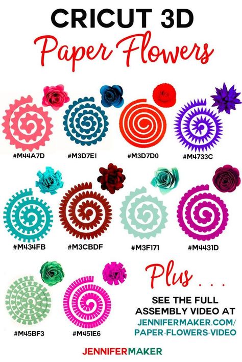 Cricut Paper Flowers - All 10 flowers with cut shape, finished flower, and Design Space codes! #cricut #paperflowers #papercraft #cricutdesignspace #cricutmade Cricut Paper Flowers, Felt Flower Template, 3d Paper Flowers, Rolled Paper Flowers, Idee Cricut, Flower Shadow Box, Paper Flower Template, Diy Papier, Paper Flowers Craft