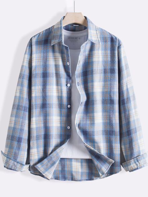 Blue and White Casual  Long Sleeve Cotton Plaid Shirt  Non-Stretch Spring/Fall Men Tops Mens Check Shirt Outfit, Check Shirt For Men, Light Blue Flannel Outfits Men, Blue Checked Shirt Outfit, Check Shirt Outfit For Men, Light Blue Shirt Outfit Men, Plaid Shirt Outfits Men, Light Blue Outfits, Light Blue Shirt Outfit