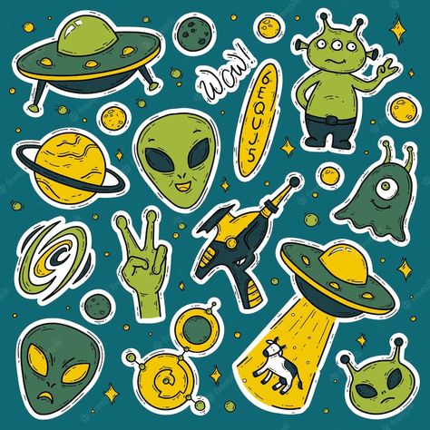 Premium Vector | Aliens and ufo vector doodle stickers set with funny green creatures in space Alien Vector, Alien Pictures, Space Doodles, Ufo Art, Doodle Stickers, Alien Artwork, Vector Doodle, Alien Tattoo, Cute Alien