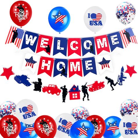 PRICES MAY VARY. PACKAGE INCLUDES:1pc "WELCOME HOME" Banner,1pc Military garland and 16pcs latex balloons which includes 4 blue balloons, 4 red balloons, 4 white balloons and 4 confetti balloons. HIGH QUALITY:the banner and garland are made of high quality felt,light weight and colorful, these welcome home balloons are made of latex material, which is safe and durable to use. BEAUTIFUL PATRIOTIC DESIGN:The red, white, and blue patriotic design adds the perfect touch to your homecoming, military Military Welcome Home, Welcome Home Banner, Welcome Home Decorations, Welcome Home Banners, Military Party, Welcome Home Parties, Military Decorations, Army Girlfriend, So Proud Of You