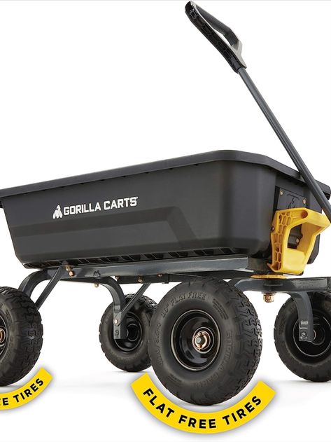 Patented quick-release dumping for easy unloading, tight-turning steering for maneuverability. Flat-free 10-inch tires handle tough terrain. Heavy-duty cart, 600-pound capacity, 35.2″ x 21.8″ bed. Hassle-free assembly, sturdy rust-resistant steel frame, easy-to-clean poly tub. Gorilla Cart, Knockout Roses Care, Best Gifts For Gardeners, Yard Cart, Best Wagons, Dump Cart, Folding Cart, Beach Wagon, Utility Wagon