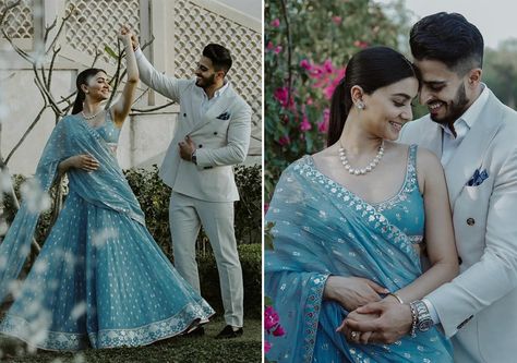 25 Minimalistic Bridal Lehengas you can mix-n-match for a whole new stunning look! | Fashion | WeddingSutra Simple Indian Engagement Look, Simple Indian Engagement Outfits, Blue Engagement Dress Indian, Pastel Engagement Lehenga, Day Engagement Outfit Indian, Contrast Colour Combination Bride And Groom, Dusty Blue Lehenga, Simple Engagement Lehenga, Pastel Couple Outfit