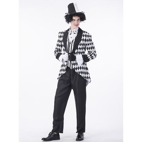 Men's Gentlemen Black and White Harlequin Jester Costume N14760 Clown Outfit Male, Jester Outfit Ideas, Jester Fashion, Harlequin Jester, Black And White Gloves, Jester Outfit, Harlequin Costume, Stripe Vest, Jester Costume