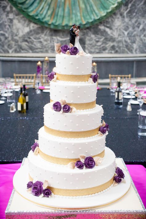 White Gold And Purple Wedding, Gold And Purple Wedding, Purple Wedding Cake, Purple And Gold Wedding, Wedding Cake Fresh Flowers, Wedding Cakes Elegant, Purple Wedding Cakes, Wedding Cake Photos, Lace Wedding Cake