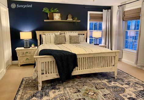 Mission Style Headboard, Mission Style Bedroom Furniture Makeover, Painted Mission Style Furniture, Mission Style Furniture Makeover, Mission Style Bedroom Furniture, Cream And Grey Bedroom, Mission Style Bedroom, Mission Style Beds, Farmhouse Chic Bedroom