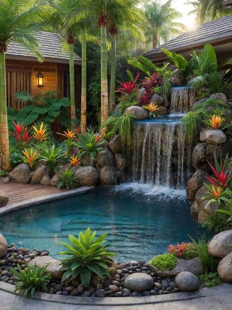 47 Stunning Small Backyard Pool Ideas with Waterfall in 2024 Pool Ideas With Waterfall, Garden Ideas Minecraft, Solar Waterfall, Seasonal Decor Ideas, Small Backyard Pool Ideas, Swimming Pool Waterfall, Small Apartment Balcony, Small Backyard Pool, Backyard Pool Ideas