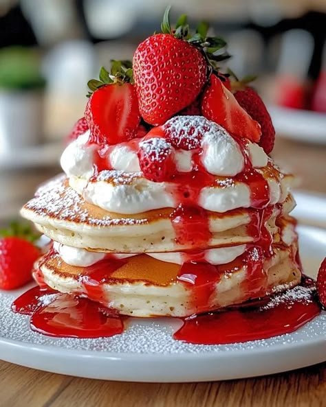 Strawberry Shortcake Pancakes Strawberry Shortcake Pancakes, Turtle Pancakes, Strawberry Pancake Topping, Valentines Day With Kids, Unique Pancake Recipes, Dinner Pancakes, Strawberry Pancakes Recipe, Strawberry Pancake, Pancakes And Eggs