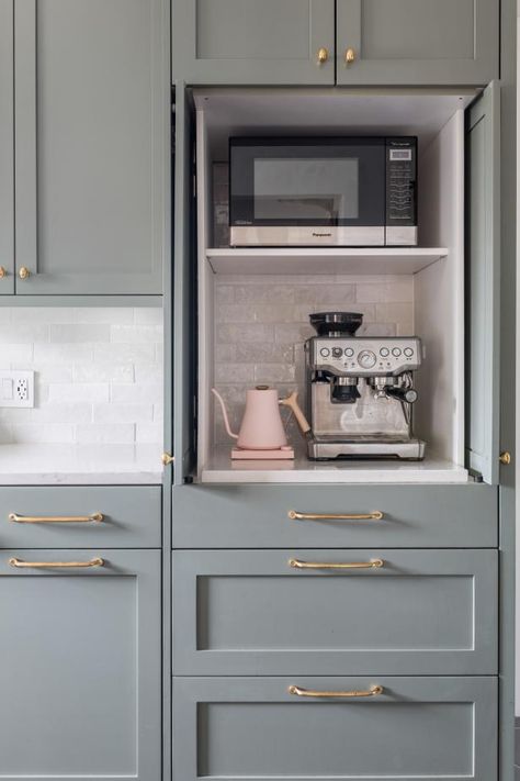 A Dramatic Kitchen Design Updates a Historic Home With Fresh, Contemporary Details | HGTV Tea Coffee Station Kitchen, Hidden Microwave, Dramatic Kitchen, Home Coffee Station, Coffee Machine Kitchen, Breville Espresso Machine, Breville Espresso, Retro Style Kitchen, Home Barista