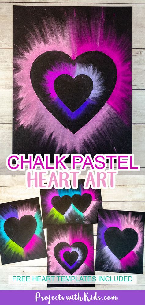 Chalk pastel heart art using heart templates and a smudging technique for kids to make. Quick Art Projects For Kids, Heart Art For Kids, Diy Valentine's Crafts, February Art Projects, Valentines Art Lessons, Card For Love, Make A Paper Flower, Heart Art Projects, Valentine Art Projects