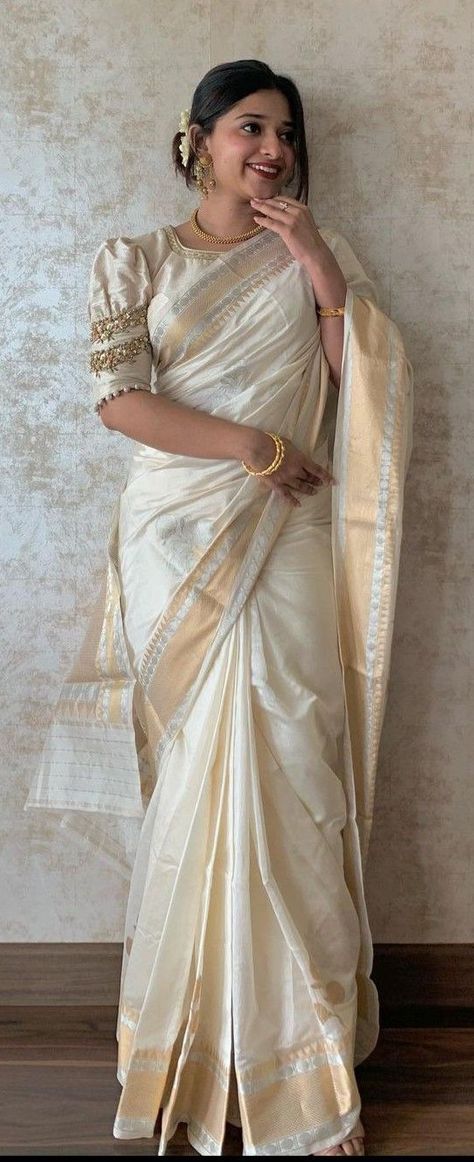 Onam Saree Modern, Lehenga Blouse Styles, Onam Dress, Lehenga Designs Latest, Onam Outfits, Cotton Saree Blouse Designs, Simple Saree Designs, New Saree Blouse Designs, Kerala Saree