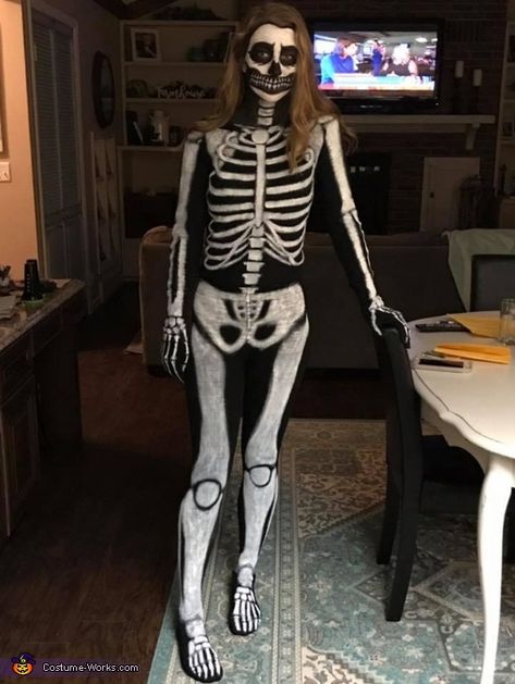 Brea: I am wearing this homemade skeleton costume. A couple weeks before halloween I saw a commercial of a cool skeleton costume. I thought about buying one but then I wanted... How To Make A Skeleton Costume, Skeleton Crew Costume, Skeleton Female Costume, Creative Skeleton Costume, Skelton Customes Diy, Homemade Skeleton Costume, Unique Skeleton Costume, Homemade Skeleton Costume Diy, Diy Skeleton Costume Kids