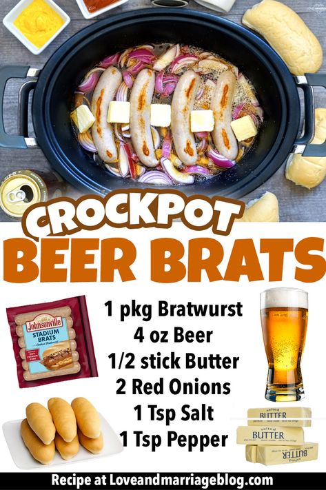 Brats In The Crockpot Easy Recipes, Crock Pot Beer Brats, Crockpot Brats Slow Cooker, Beer Brats Crockpot, Crock Pot Brats, Bratwurst Recipes Crockpot, Brats In Crockpot, Brat Recipe, Beer Brats Recipe