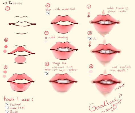 Step By Step - Lip Tutorial by Saviroosje Lip Tutorial Drawing, Mata Manga, Illusion Kunst, How To Draw Lips, Draw Lips, Anime Mouths, Anime Lips, Tapeta Harry Potter, Lip Tutorial