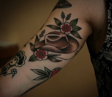 John Tattoo, Cowboy Boot Tattoo, Cowboy Hat Tattoo, 2023 Tattoo, Hat Tattoo, Cowgirl Tattoos, Cowboy Tattoos, Traditional Tattoo Inspiration, Traditional Tattoo Flowers