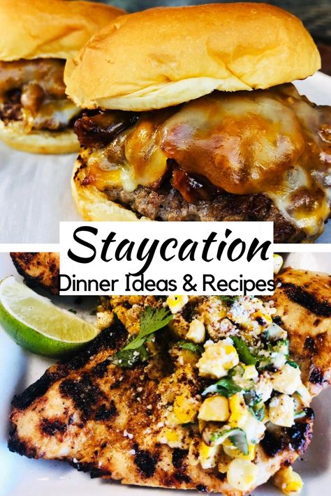 Eat like you're on vacation while staying at home in this week's Staycation Weekly Meal Plan #mealplanning #mealprep #whatsfordinner Staycation Food Ideas, Vacation Dinners, Cottage Meals, Burger Side Dishes, Weekend Dinner, Friends Food, Weekly Meal Plan, Food Fantasy, Bbq Pulled Pork