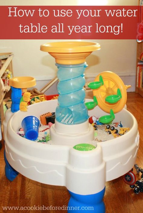 Using your water table indoors. How to use your water table all year long. Water table's just aren't for summer anymore! Repurposed Table, Kids Water Table, Water Table Activities, Kids Indoor Playground, Water Tables, Sand And Water Table, Toddler Sensory, Sensory Table, Natural Playground