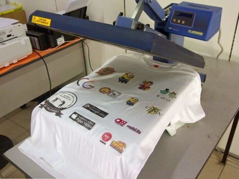 Heat printing (also known as thermal transfer printing, heat transfer printing, and thermal printing) refers to the use of heat to transfer an image or design from heat-applied materials to other objects known as substrates. Diy Graphic Tee, Heat Press Designs, Screen Printing Machine, Textile Projects, Heat Press Machine, Press Machine, Screenprinting, Printing Business, Digital Embroidery