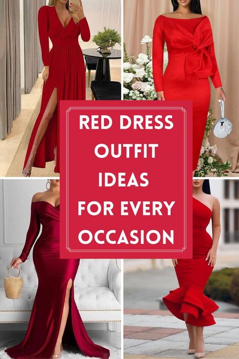 Red dress Red Formal Dress Outfit, Valentine Dress For Women Classy Night, Shoes For Red Dress Classy, Red Christmas Dress Women Classy, Christmas Gowns Classy, Red Christmas Dress Outfit, Accessories For Red Dress, Red Classy Outfits, Red Outfit For Christmas