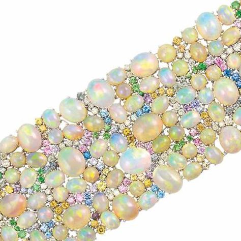 White Gold, Opal, Diamond and Gem-Set Cuff Bracelet. Solitaire Rings, Pink Blue Yellow, Purple And Green, Fabulous Jewelry, I Love Jewelry, Van Cleef, Yellow Purple, Gorgeous Jewelry, Opal Jewelry