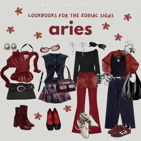 🌟 lookbooks for zodiac signs part 1/3 ✨️ • whats ypur sign? im a virgo 💌 • fc: 107k date: july 30th • tags: #glowyamethyst #moodboard #moodboards #zodiacsigns #signs #capricorn #aquarius #pisces #aries Aries Zodiac Outfits, Fire Sign Aesthetic Outfits, Aries Clothing Style, Aires Outfit Aesthetic, Fire Sign Outfits, Dress Like Your Venus Sign Aries, Aries Fashion Style, Aries Rising Outfits, Venus In Aquarius Style Outfits