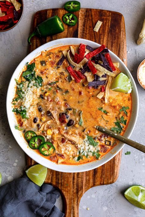 Crockpot Creamy Chicken Tortilla Soup - Dash of Mandi Crockpot Creamy Chicken Tortilla Soup, Tortilla Soup Chicken, Creamy Tortilla Soup, Crockpot Creamy Chicken, Chicken Tortilla Soup Crock Pot, Creamy Chicken Tortilla Soup, Chicken Enchilada Soup, Enchilada Soup, Soup Crocks