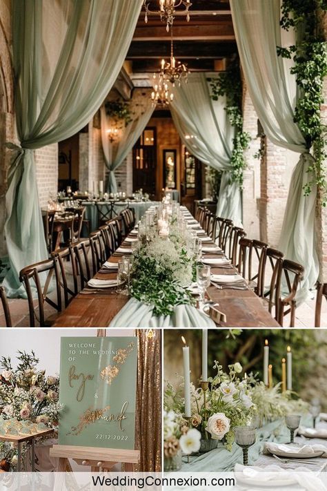 When it comes to choosing a color scheme for your wedding decor, one timeless and elegant choice that is making a big statement in the wedding world right now is sage green. This sophisticated hue evokes a sense of nature, freshness, and harmony, making it a perfect fit for a romantic and enchanting wedding decor. Get ready to fall in love and discover why sage green is the perfect choice for your wedding at WeddingConnexion.com. Sage Wedding Scheme, Wedding Color Schemes Greens, Green Scheme Wedding, Sage Backyard Wedding, Fall Wedding Ideas Sage Green, Forest Wedding Sage Green, Sage Rustic Wedding Theme, Sage And Wood Wedding, Country Sage Green Wedding