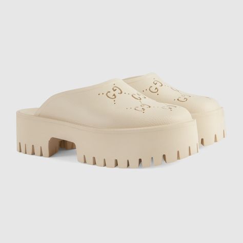 Shop the Women's platform perforated G sandal in white at GUCCI.COM. Enjoy Free Shipping and Complimentary Gift Wrapping. Gucci Platform Sandals, Women Platform Sandals, Slides For Women, Rubber Sandals, Designer Slippers, Style Edit, Twilly, Gucci Mules, Beauty Items