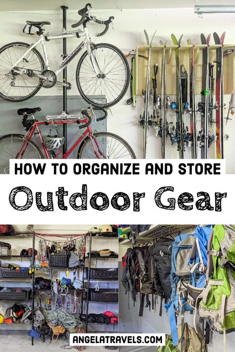 Organize Fishing Gear, Basement Gear Storage, Bike And Ski Storage Garage, Winter Gear Storage Small Space, Camping Garage Storage, Sports Gear Storage Garage, Ski Gear Storage Ideas, Garage Outdoor Gear Storage, Beach Gear Storage Garage