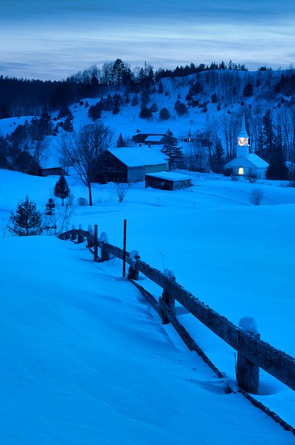 Blue hour in winter, Village of East Corinth, Vermont. Head to theculturetrip.co... for everything a traveller needs to know about Vermont. Vermont Winter, Winter Favorites, Rhapsody In Blue, Winter Village, Birthday Trip, Winter Painting, Country Scenes, Winter Magic, Winter Scenery