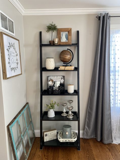 Ladder Shelf Black, Black Ladder Shelf Decor, Hobby Lobby Living Room, Bedroom Nightstand Decor, Townhouse Decor, Ladder Shelf Decor, Shelf Decorating, Black Shelf, Shelf Decor Living Room