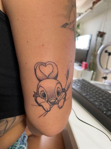 Two Animals Tattoo, Big Disney Tattoos, Thumper Tattoo Ideas, Thumper Tattoo, Into Tattoo, Hase Tattoos, Bambi Tattoo, Thumper Disney, Disney Stitch Tattoo