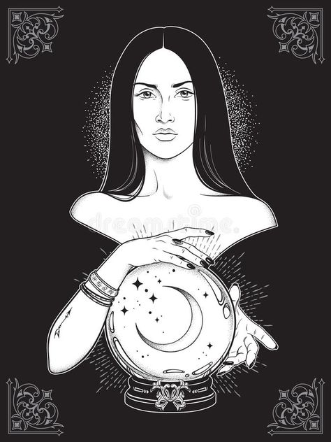 Beautiful brunette witch with magic crystal ball with crescent moon in her hands line art and dot work. Boho chic tattoo, poster, royalty free illustration Black Hair With Silver, Long Jet Black Hair, Magic Crystal Ball, Cosmic Witch, Gothic Drawings, Hand Drawn Logo Design, Witch Hands, Chic Tattoo, Wolf Silhouette