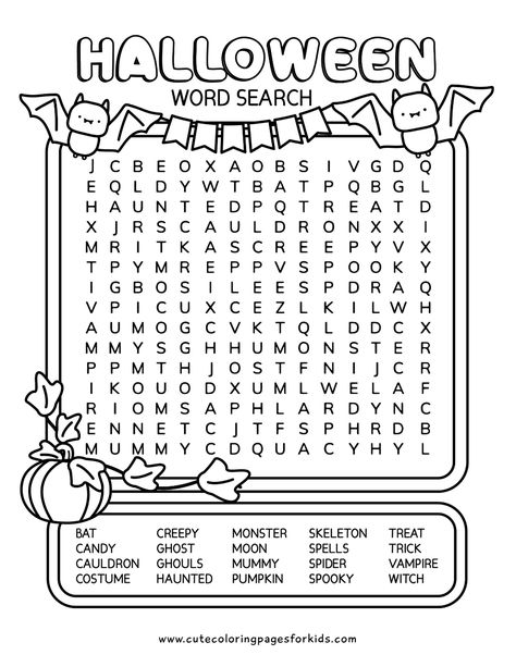 Word search puzzle in black and white with simple line drawings of a pumpkin and two cute bats holding a banner.. Has a list of 20 words that are halloween themed. Halloween Coloring And Activity Pages, Cute Activity Sheets, October Word Search For Kids, Halloween Activity Pages For Kids, Older Kids Halloween Crafts, October Printables For Kids, Free Printable Halloween Worksheets, Free Halloween Coloring Pages For Adults, Work Sheets For Kids Free Printable