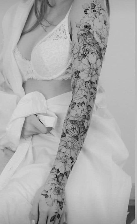 Arm Sleeve Tattoos For Women, Feminine Tattoo Sleeves, Full Arm Tattoos, Tattoos For Women Half Sleeve, Cloud Tattoo, Floral Tattoo Sleeve, Flower Sleeve, Tato Lengan, Forearm Tattoo Women