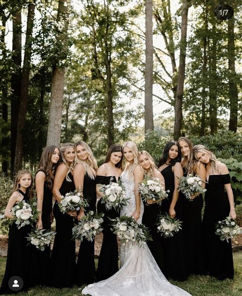 White Bridesmaid Dresses Black Wedding Dress, All Black Wedding Bridesmaid Dress, Wedding Party All Black Attire, Black Color Theme Wedding, Black Bridesmaid Dresses Outdoor Wedding, Black On Black Wedding Party, Bridal Party Wearing Black, Black And Sage Green Wedding Theme, White And Black Theme Wedding