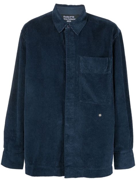 long-sleeved corduroy shirt from Etudes featuring corduroy, chest patch pocket, front button placket, classic collar, long sleeves, buttoned cuffs, straight hem, navy blue and cotton blend. Camisa Jeans, Womens Denim Shirt, Corduroy Shirt, Blue Long Sleeve Shirt, Airport Fashion, Taxi Driver, Mens Navy, Rugby Shirt, Dream Shoes