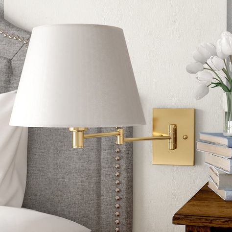 Greyleigh™ Hindsville 1-Light Swing Arm Lamp & Reviews | Wayfair Wall Mounted Bedside Lights, Wall Mounted Bedside Lamps, Beautiful Bedroom Inspiration, Arm Lamp, Bedside Lamps, Metal Fabric, Sconces Bedroom, Traditional Chandelier, Bedside Lighting