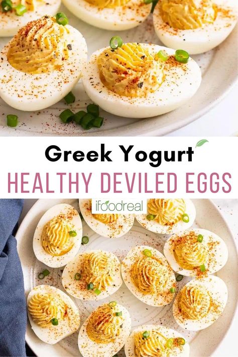 These Healthy Deviled Eggs are made with Greek yogurt instead of mayo. They are well-seasoned, creamy and deliciously tangy. Deviled Eggs No Mayo, Greek Yogurt Deviled Eggs, Healthy Deviled Eggs, Classic Deviled Eggs, Healthy High Protein Snacks, Healthy Potatoes, Healthy Greek Yogurt, Healthy Yogurt, Healthy Eggs