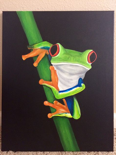 Tropical frog on branch painting Frog Reference, Tree Frog Art, Red Eyed Tree Frog, 2d Design, Happy Tree, Art Carte, Art Tree, Frog Art, Canvas Painting Designs