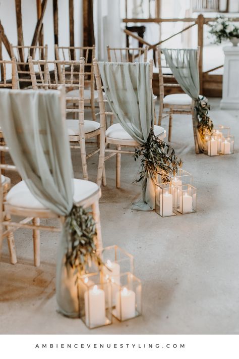 Italian romance like no other with this seductively elegant aisle style! Wedding ceremony styled at Home Farm Barns, Hampshire, UK. #stylemywedding #weddingdecor #italianinspired #elegantwedding #chairdecor Neutral Flowers Wedding Table, Moss Green And Taupe Wedding, Dusty Blue Sage Green And Ivory Wedding, Rustic Timeless Wedding, Sage Green And Cream Wedding Theme, Plant Theme Wedding, Simple Ceremony Aisle Decor, January Wedding Color Schemes, Wedding Isles Ideas Indoor