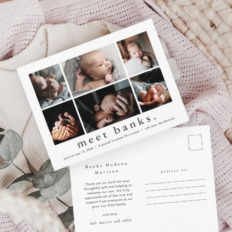 Modern Name 6 Photo Collage Baby Thank You Postcard Birth Announcement And Thank You Card, Birth Announcement Postcard, Boy Birth Announcement Card, Online Invitation Card, Birth Announcement Template, Boy Shower Invitations, Baby Thank You Cards, Sweet Photo, Baby On A Budget