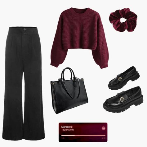 Maroon Fashion Aesthetic, Ootd Merah Maroon, Maroon Casual Outfit, Maroon Outfit Aesthetic, Maroon Aesthetic Outfit, Maroon Hijab Outfit, Maroon Outfit Ideas, Ootd Crewneck, Maroon Hijab