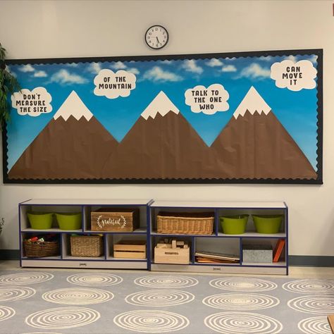 Mountain Bulletin Board, God Can Move Mountains, Construction Theme Classroom, First Grade Themes, Sunday School Classroom Decor, School Wide Themes, Classroom Aesthetic, Travel Theme Classroom, Adventure Bible