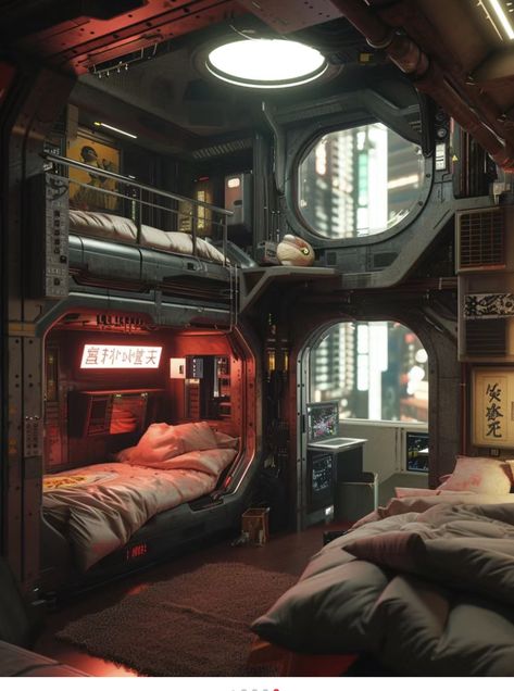 Used Future Sci Fi, Scifi Bedroom, Spaceship Interior Bedrooms, Cyberpunk Interior Design, Spaceship Room, Sci Fi Home, Scifi Room, Cyberpunk Bedroom, Cyberpunk House