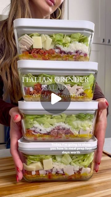 Simple Meal Prep Salad, Chop Salad Meal Prep, Salad Container Ideas, Sub In A Tub Salad Meal Prep, Easy Meal Prep Salad Ideas, Food Container Storage Ideas, Salad Prep Ideas, Salad Containers To Go, Glass Container Meal Prep