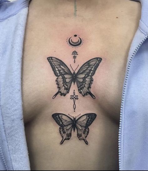 Tattoo Throat Woman, Butterfly Chest Tattoo For Women, Butterfly On Chest Tattoo, Witchy Neck Tattoo, Butterfly Sternum Tattoo Women, Underboob Tattoo Butterfly, Sternum Tattoo Butterfly, Butterfly Tattoo Sternum, Butterfly Throat Tattoo