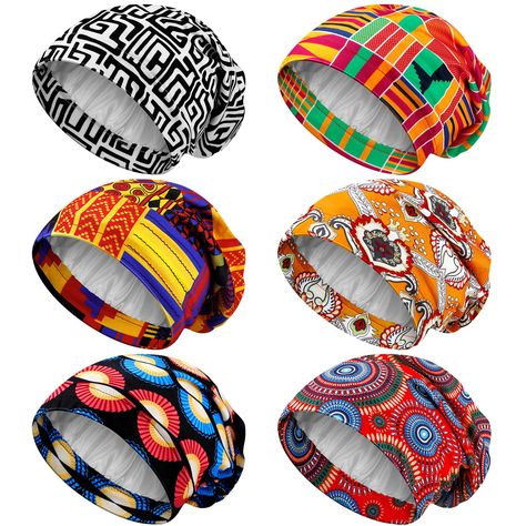 PRICES MAY VARY. Rich patterns: you will receive 6 pieces satin lined sleep caps in different African patterns and colors,sufficient quantity for a long time use, also can be given as a nice gift to your friend and family on Christmas, Thanksgiving and other holidays Suitable for most hairstyles: these double layer silk sleeping bonnets are not only suitable for most hairstyles such as short hair, long curly hair and other hairstyles, but also can prevent your hair from knotting and guard your h African Hats For Women, Jamaican Design, Head Wrapping, Loc Maintenance, African Hair Wrap, Sleep Hairstyles, Rag Rug Tutorial, African Hats, Curly Braids