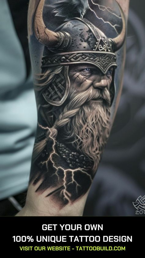 Viking Tattoo Ideas: 30+ Ideas - Tattoo Build Viking Helmet Tattoo Design, Viking Tattoo Sleeve Norse Mythology, Viking Arm Tattoo For Men, Viking Sleeve Tattoo, Viking Helmet Tattoo, Nordic Tattoo Ideas, Viking Tattoo Ideas, Viking Ship Tattoo, Viking Tattoos For Men