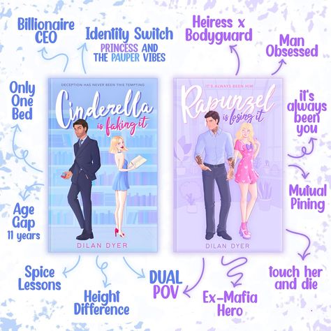 💙💜 Overview of the Tropes in Books 1&2 of the Princess Crossover series 💜💙 I just realized that I never put up a post with Cinderella and Rapunzel side-by-side, even though it would be so useful to just point to a graphic like this and be like “this is what you can find in my books” 🙃 So… here it is. This is what you can find in my books. The first book is Cinderella Is Faking It by Dilan Dyer. It’s an age gap billionaire romance novel with Princess and the Pauper vibes. 🦋 The second book... Tropes In Books, Girly Books, Age Gap Romance Books, Must Read Fiction Books, Book Tropes, Romcom Books, Romance Books Worth Reading, Action Books, Fiction Books Worth Reading