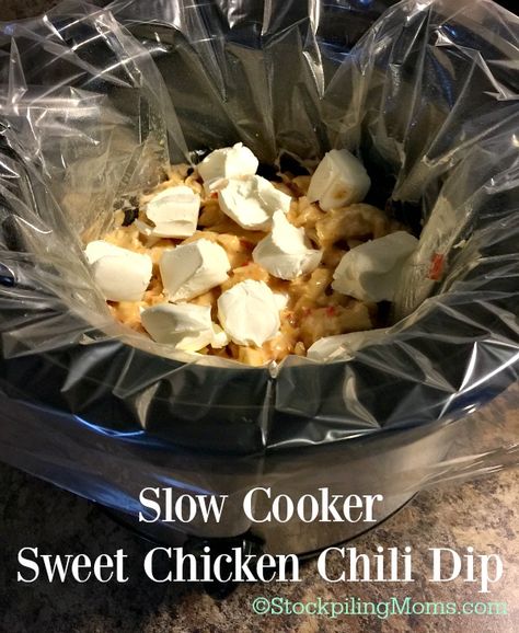 Slow Cooker Sweet Chicken Chili Dip recipe is the perfect appetizer for a Super Bowl party with only 5 ingredients needed! Be sure to try it! Chicken Chili Dip, Chili Dip Recipes, Sweet Chili Sauce Recipe, Chicken Chili Crockpot, Sweet Chili Chicken, Crock Pot Dips, Chili Cheese Dips, Chili Dip, Chicken Dip Recipe